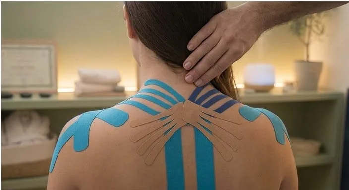 Applicazione di taping elastico sulla parte alta della schiena